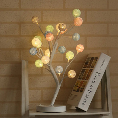 Lámpara de mesa nocturna LED Art Déco con diseño de árbol y bolas de hilo de algodón - Rosa/Azul/Verde