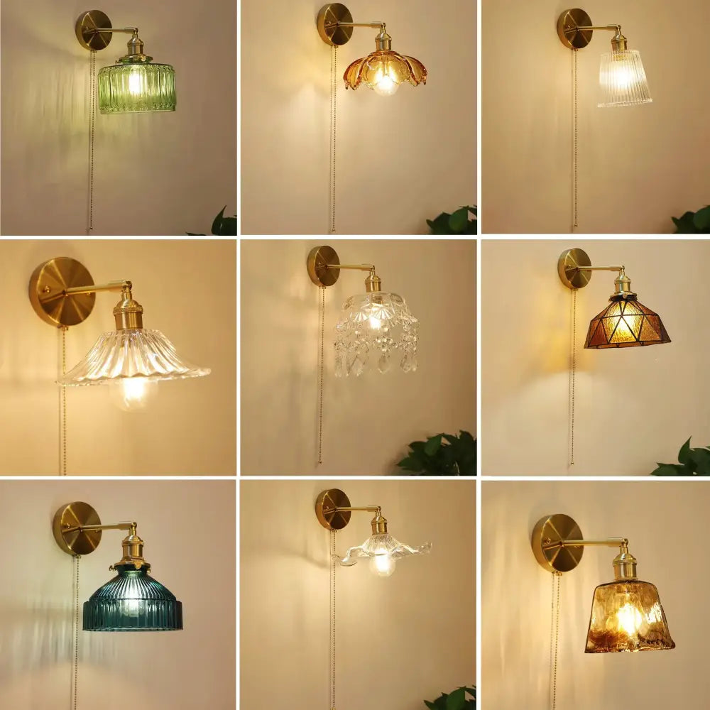 A collection of vintage brass art deco led wall lamps with multicolored glass shades for stylish bedroom decorbites art deco use