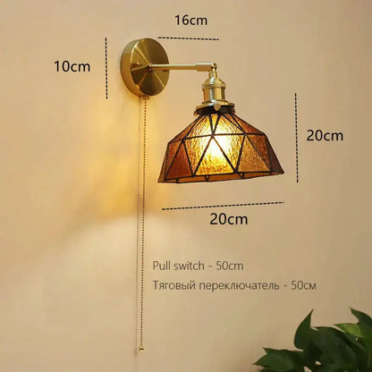 Vintage-style brass wall lamp with geometric amber glass shade decorbites art deco led sconce for bedroom decor