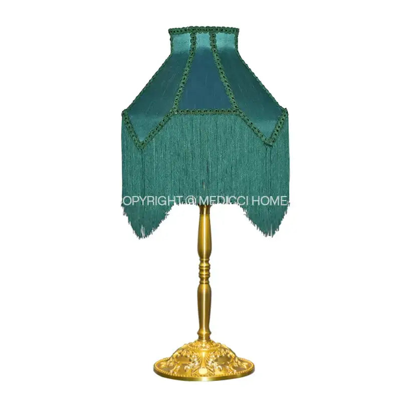 Art deco teal fringed lampshade with gold metal base featuring malachite green velvet for decorbites art deco bedroom decor