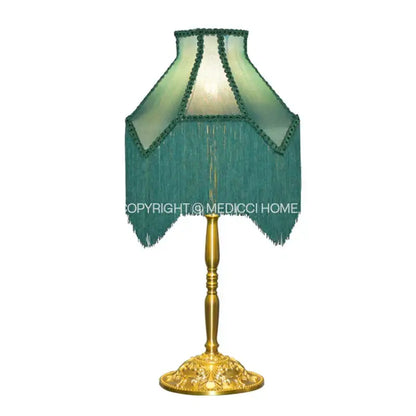 Elegant art deco teal fringe lampshade with malachite green velvet and gold-toned brass base for decorbites art deco bedroom decor