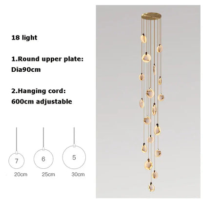 Art deco marble golden lustre pendant light with 18 shell-like fixtures for dining room chandelier in gold tone