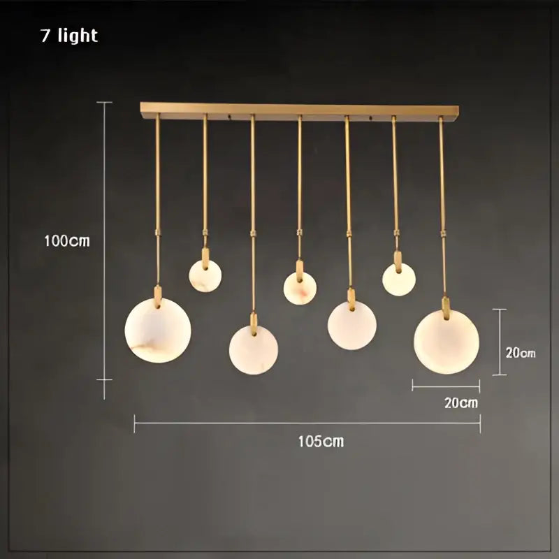Art deco marble golden lustre pendant light with gold-toned chandelier and seven frosted glass shades for dining room