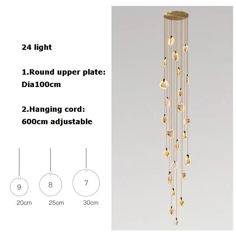 Art deco marble golden lustre pendant light with 24 teardrop glass globes for dining room illumination