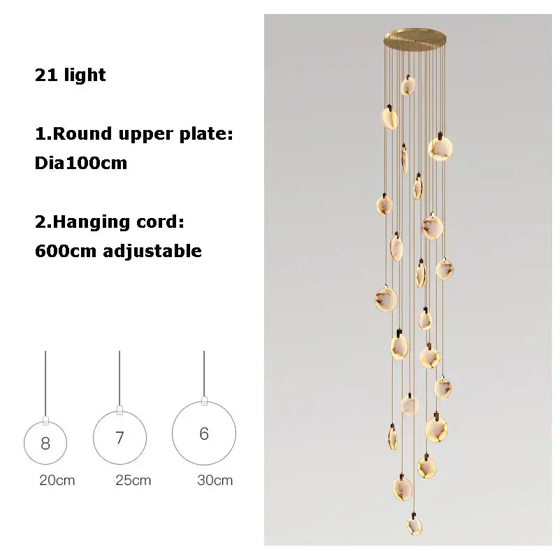 Modern gold-toned art deco marble pendant light with 21 spherical lights for dining room illumination