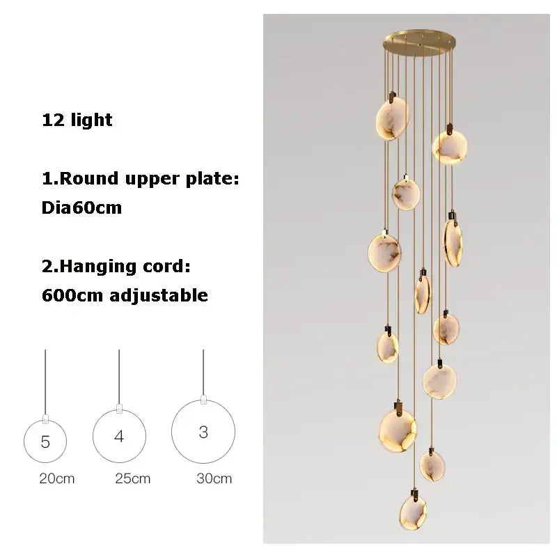 Modern art deco marble golden lustre pendant light with 12 amber glass orbs for dining room ceiling illumination