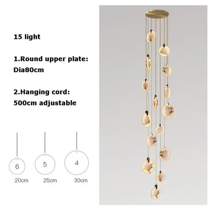 Art deco marble golden lustre pendant light with 15 warm glass orbs suspended from gold circular plate for dining room