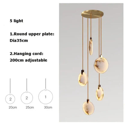 Art deco marble golden five-light pendant chandelier with brass finish and amber glass shades for dining room