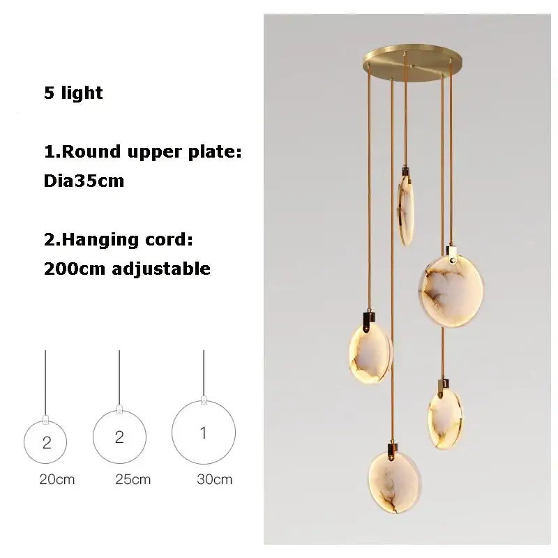 Art deco marble golden five-light pendant chandelier with brass finish and amber glass shades for dining room