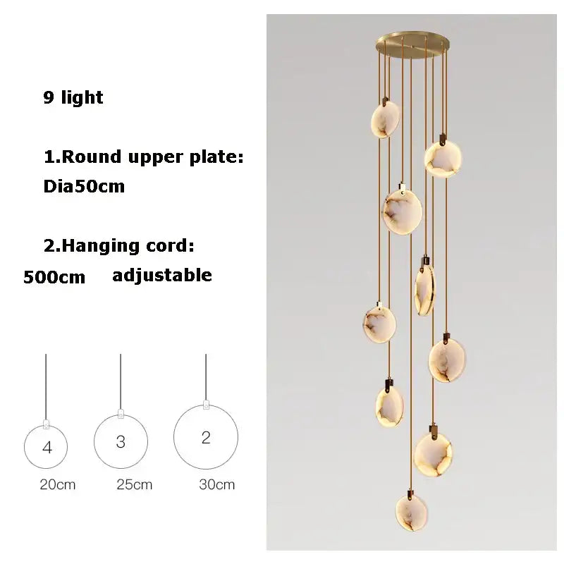 Art deco marble golden lustre pendant light with nine warm glass orbs suspended from gold-finished round plate