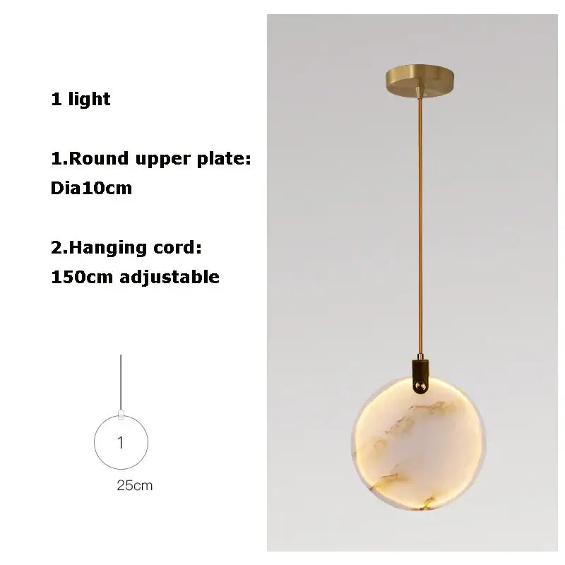 Art deco marble golden lustre pendant light with round 10cm upper plate and adjustable 150cm cord for dining room