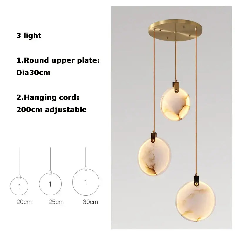 Modern three-light art deco marble golden lustre pendant light with opalescent stone shades for dining room