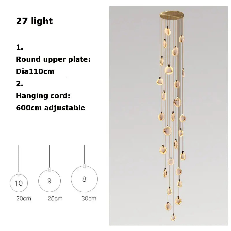 A modern art deco marble golden lustre pendant light with 27 warm oval glass pendants for dining room