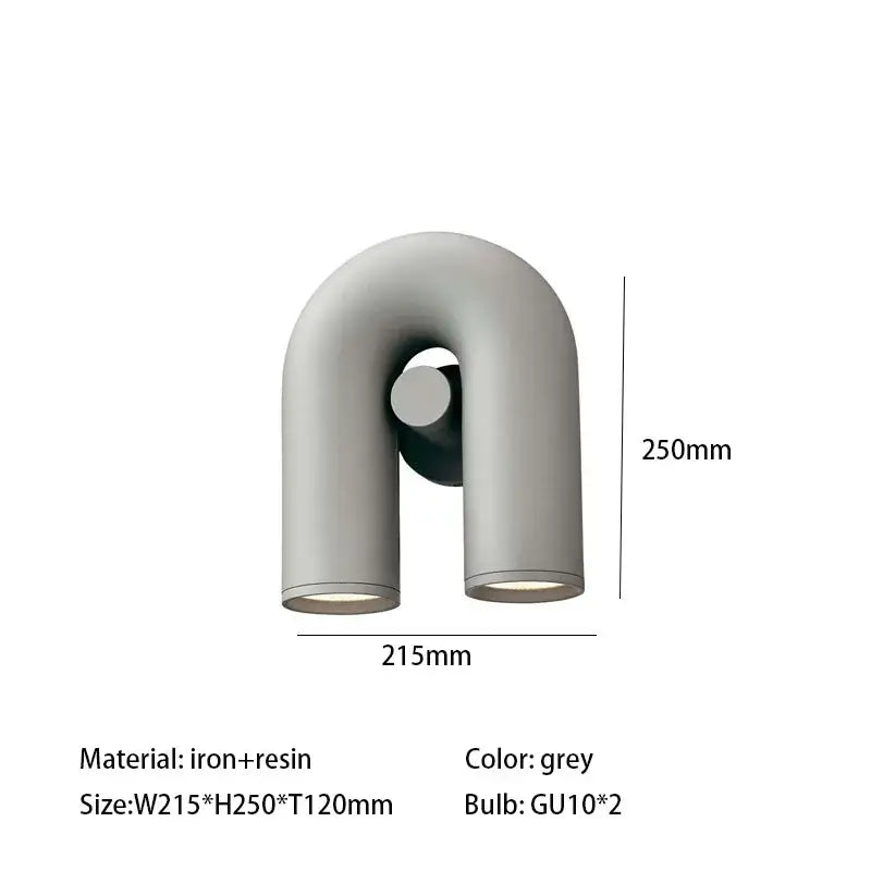 Grey u-shaped art deco metal wall sconce in iron and resin with two gu10 lights for industrial dining room decorbites art deco