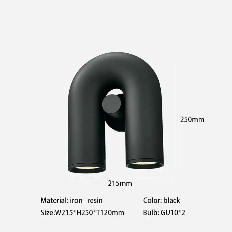 Black u-shaped wall-mounted light fixture made of iron and resin with two gu10 bulbs for art deco metal decorbites decor