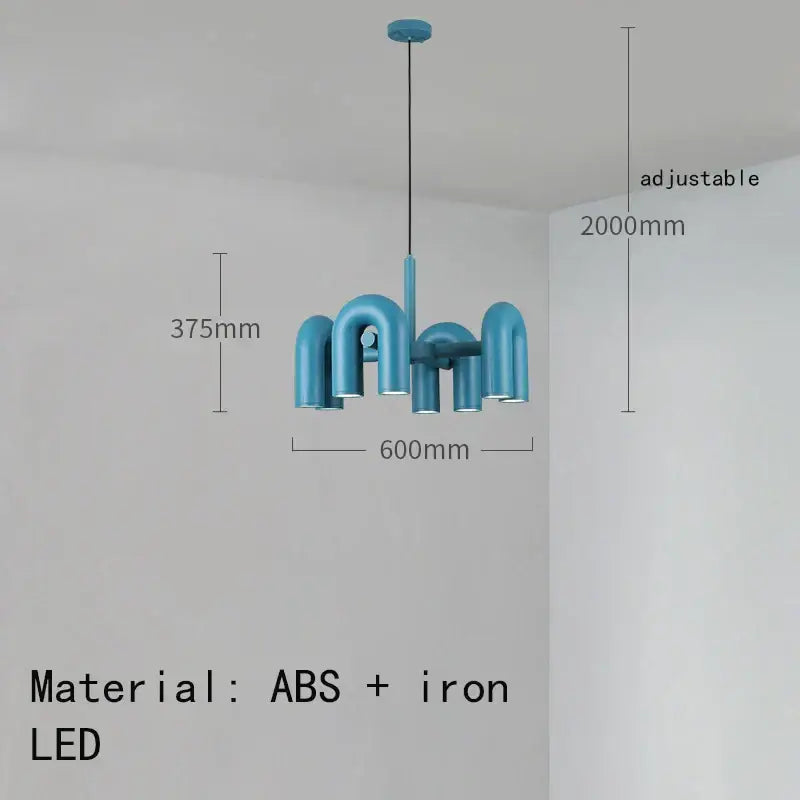 Modern teal pendant light fixture with u-shaped abs and iron arms in art deco metal industrial chandelier style