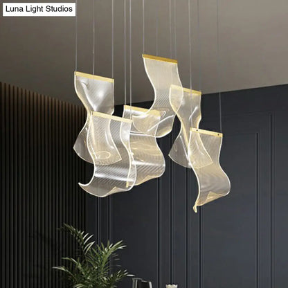 Art Deco Multi-Light Pendant with Clear Acrylic Curl and LED for Dining Room