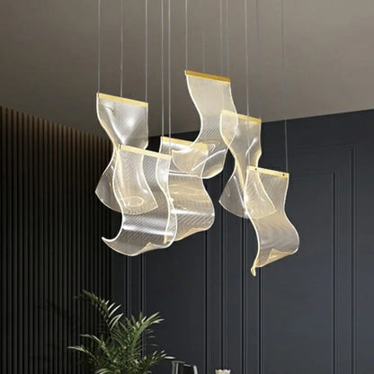 Art Deco Multi-Light Pendant with Clear Acrylic Curl and LED for Dining Room