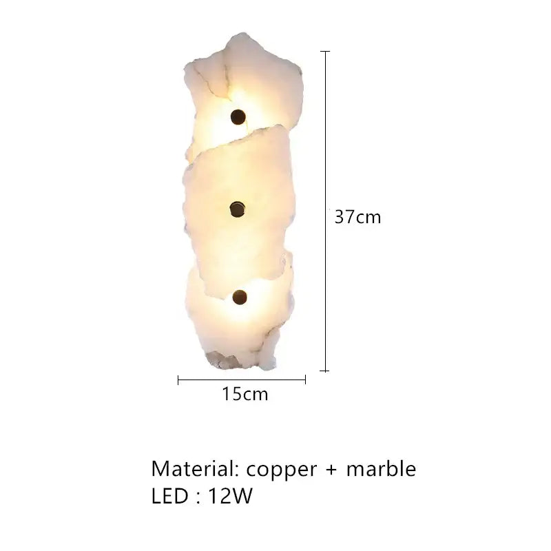 Art deco off white marble led wall sconce with layered marble and copper design and three illuminated circular cutouts