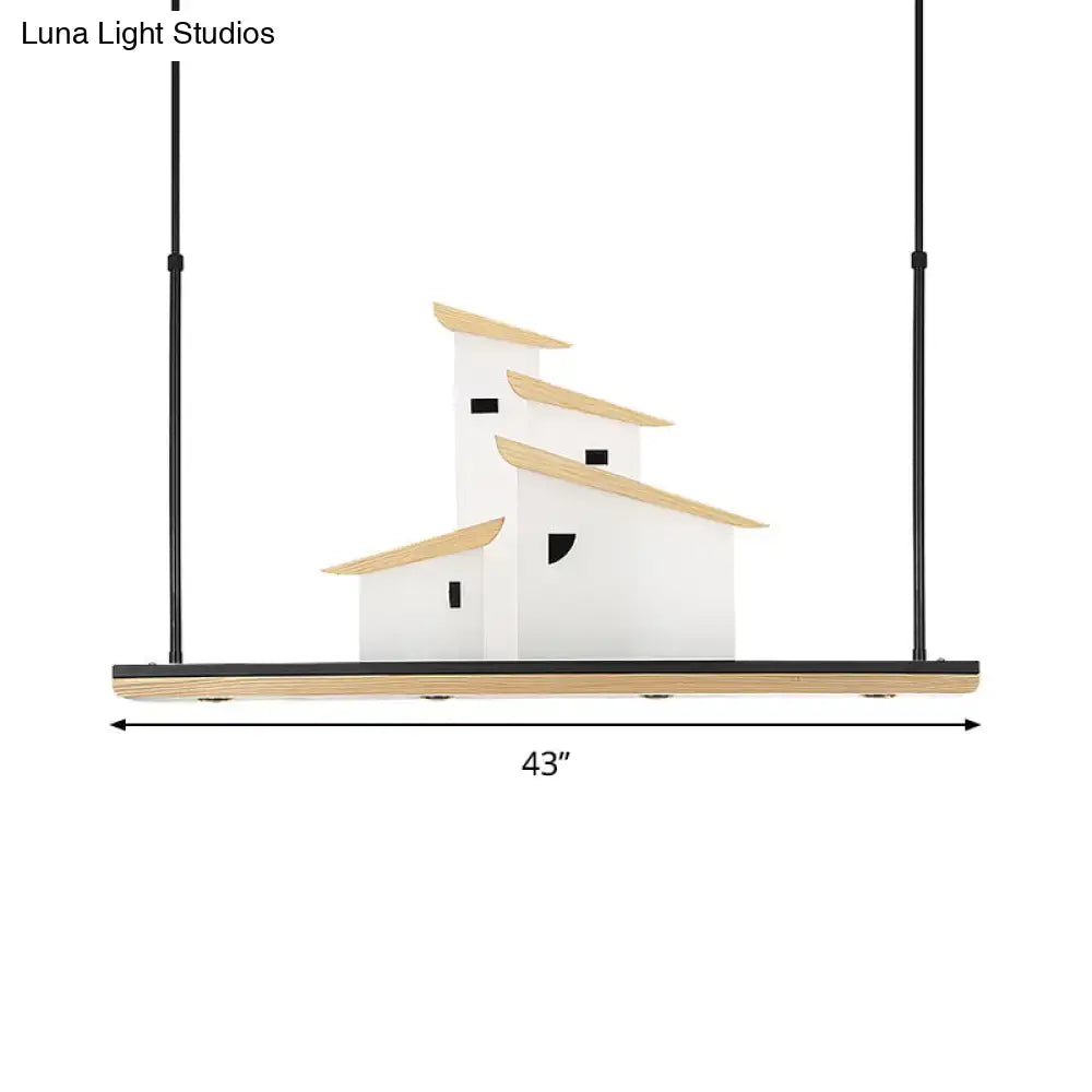 Modern white and light wood art deco ceiling light with layered roof design and adjustable warm white color temperature