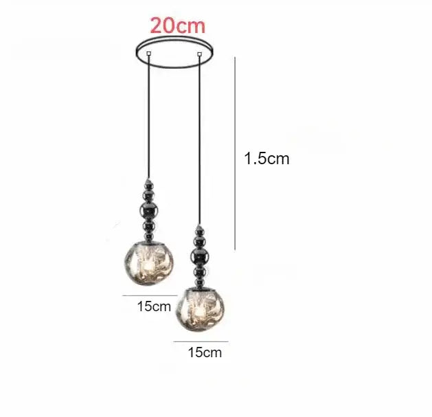 Modern art deco pendant light with black beaded chains and frosted glass globes for living room use in square meters