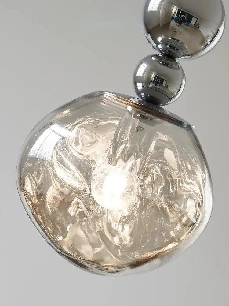 Art deco silver lava pendant light with textured smoked glass globe and polished chrome spheres for living room LED bulb