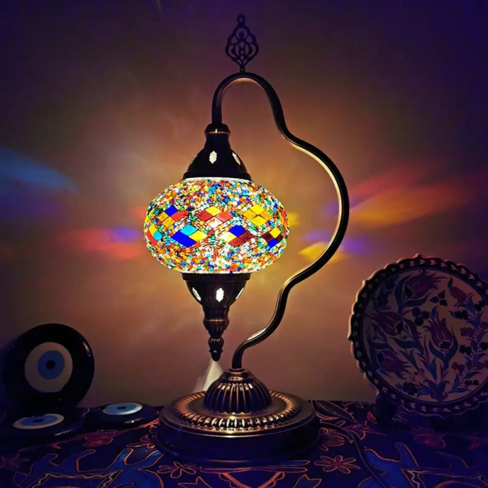 Lámpara de mesa Art Déco con forma de globo de cristal de colores y brazo curvo - Blanco/Rojo/Amarillo