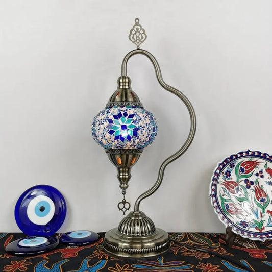 مصباح ليلي من الزجاج الملون بتصميم آرت ديكو - ذراع منحني، لمبة واحدة لإضاءة طاولة غرفة النوم (أحمر/أصفر/برتقالي)