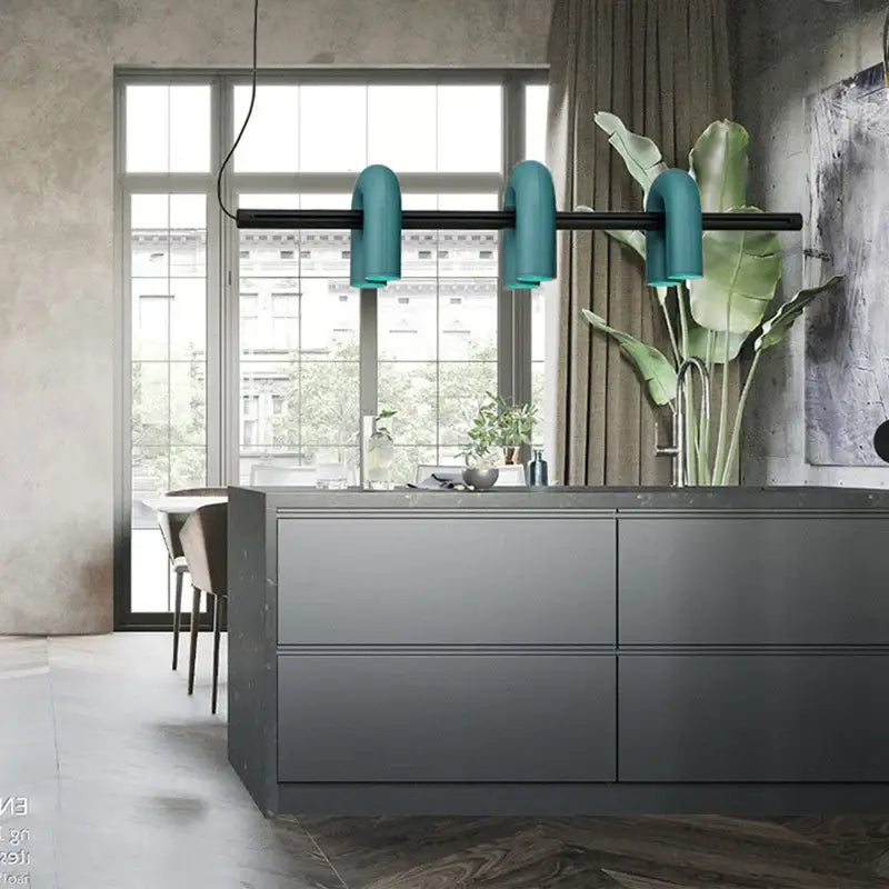 Art deco teal metal 3 light pendant with sleek black bar and curved lampshades for dining room chandelier decorbites art deco