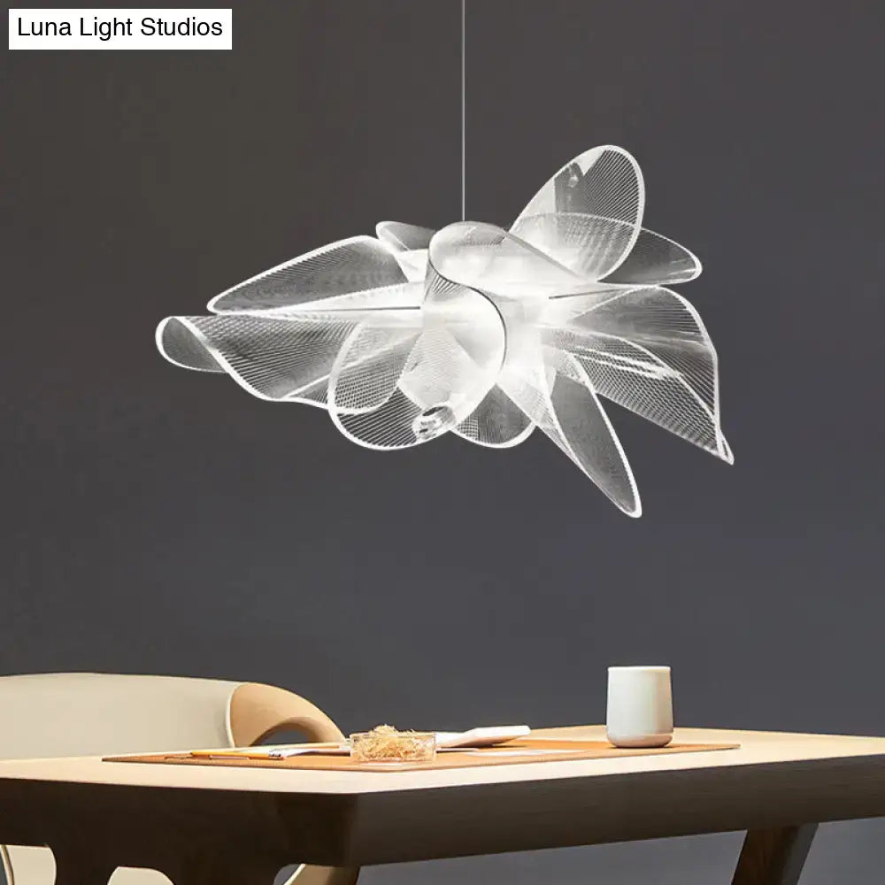 Transparent white tulle-like floral chandelier led pendant light with layered mesh petals suspended from chain cord length