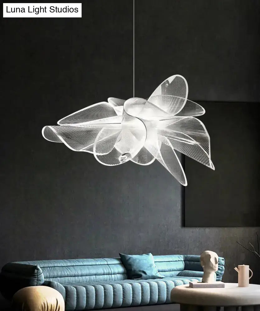 Decorbites white tulle-like floral chandelier led pendant light with transparent layered petals and adjustable chain cord length