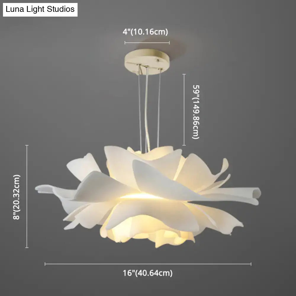 White tulle-like floral chandelier led pendant light with petal design and adjustable chain cord length for cafes