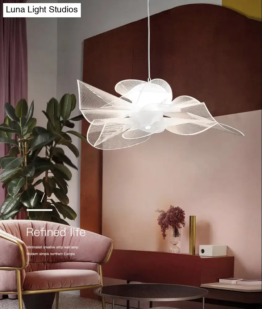 Decorbites™ white tulle-like floral chandelier led cafe light fixture with delicate mesh flower design and adjustable chain cord length