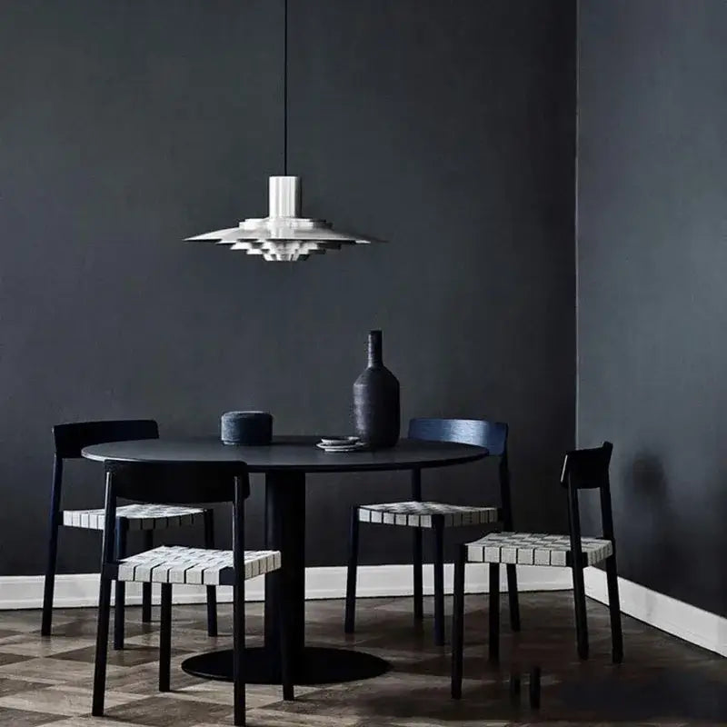 Art deco white and silver aluminum pendant light with layered geometric design cord pendant for dining room