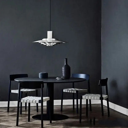 Art deco white and silver aluminum pendant light with layered geometric design cord pendant for dining room