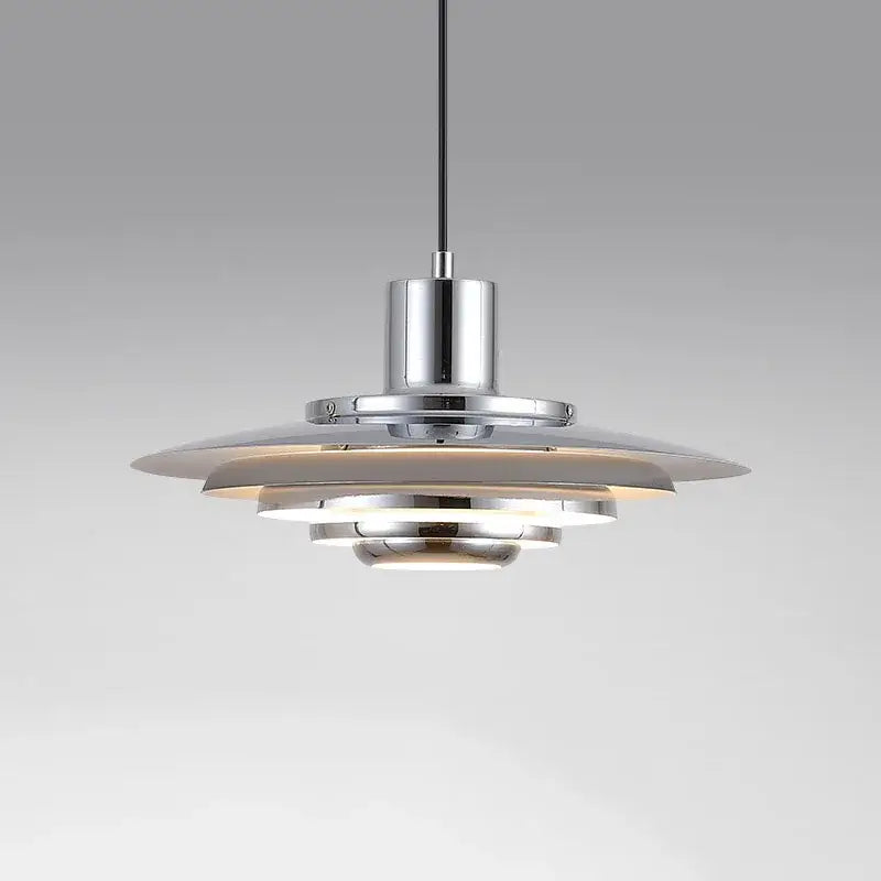 Art deco pendant light with chrome finish and concentric aluminum shades ideal for dining rooms under 20 square meters