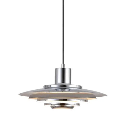 Modern chrome pendant light with concentric circular shades in white and silver aluminum for dining room art deco decor