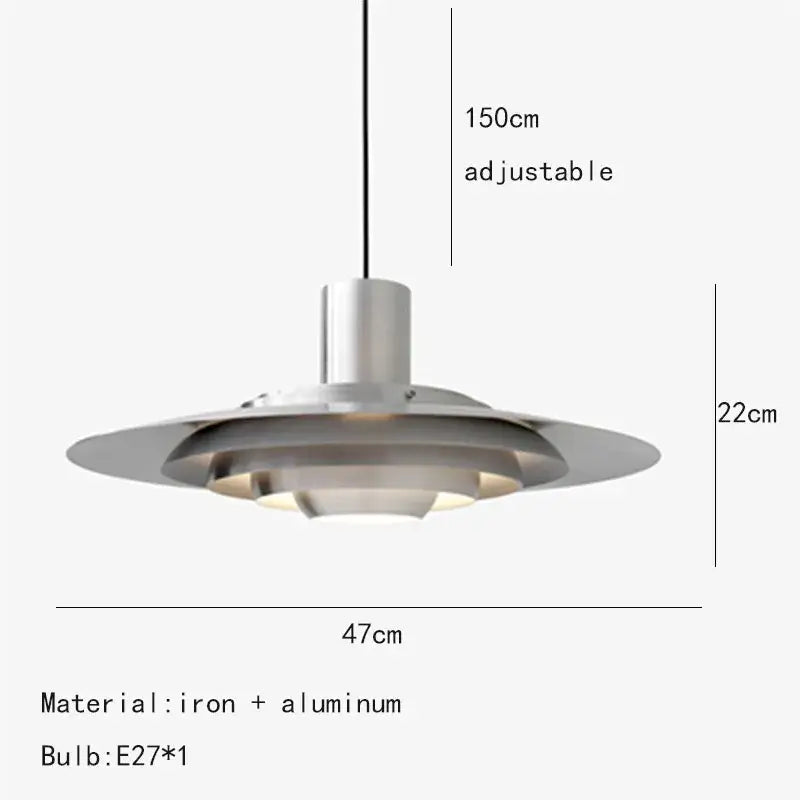 Modern minimalist art deco pendant light in white and silver aluminum with layered metallic design for dining room