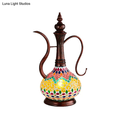 Lámpara de mesa Art Déco de cristal amarillo vidriado con una luz y luz nocturna de cobre