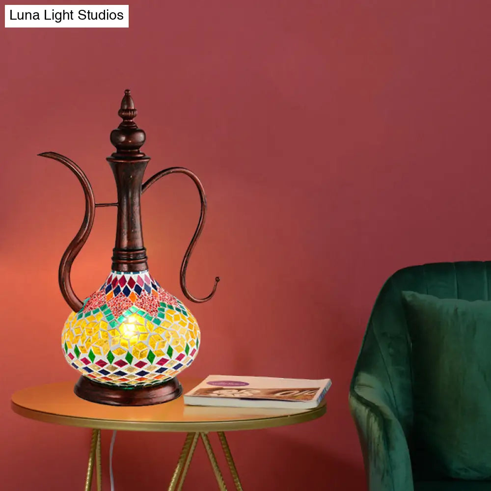 Lámpara de mesa Art Déco de cristal amarillo vidriado con una luz y luz nocturna de cobre