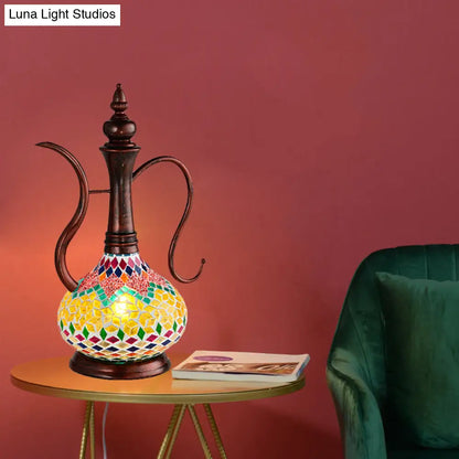 Lámpara de mesa Art Déco de cristal amarillo vidriado con una luz y luz nocturna de cobre