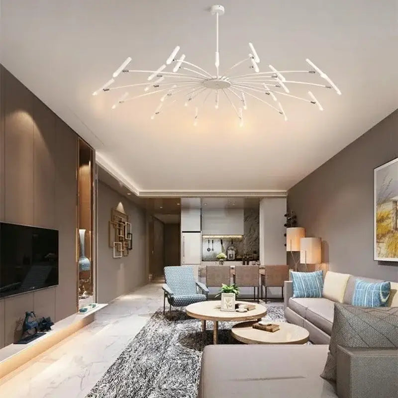 Modern white decorbites art pendant chandelier with black metal slender arms and led lights for living room decor