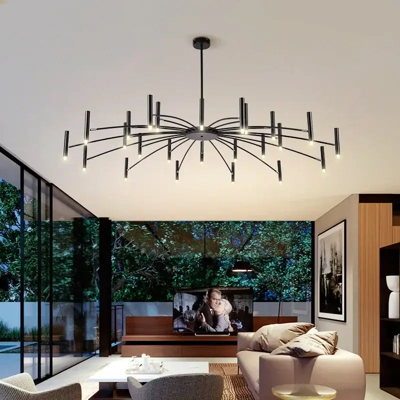 Black metal decorbites art pendant chandelier with slender radial arms and embedded led lights for living room decor