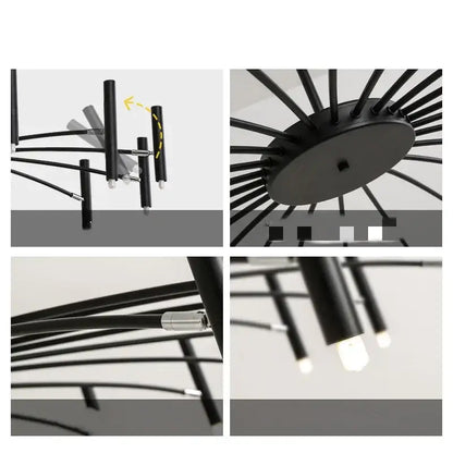 Black metal decorbites art pendant chandelier with sleek slender arms and cylindrical lights for living room decor