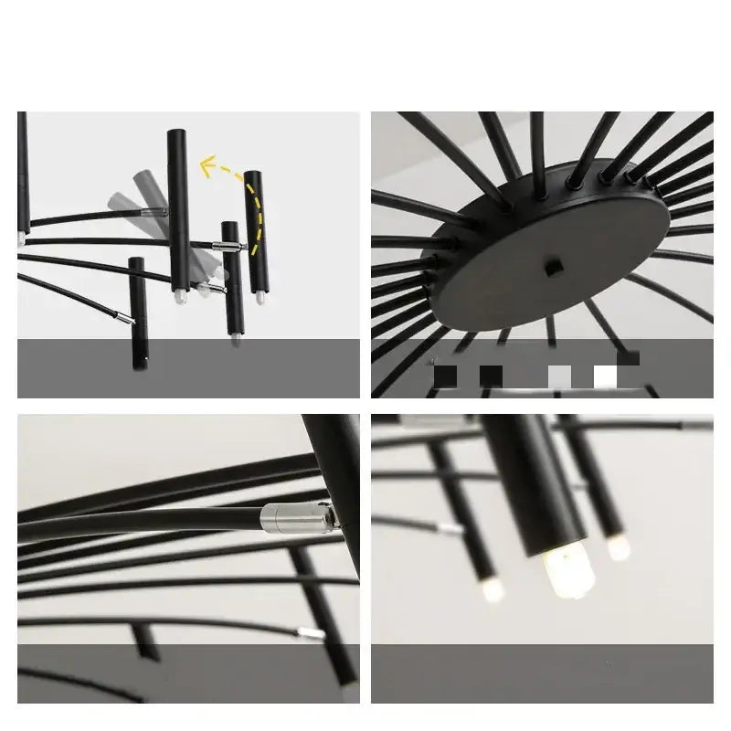 Black metal decorbites art pendant chandelier with sleek slender arms and cylindrical lights for living room decor