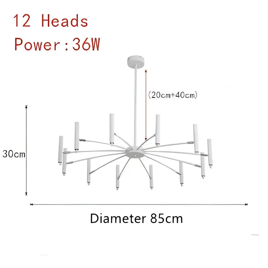 White modern decorbites art pendant chandelier with 12 candle-style lights and black metal slender arms for living room decor