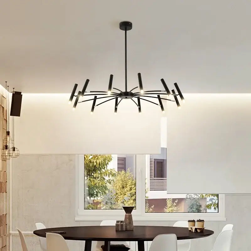 Black metal art pendant chandelier with slender angular arms radiating from central hub for modern living room decorbites art pendant