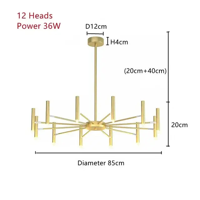 Gold-finished decorbites art pendant chandelier with 12 slender cylindrical light heads in a radial starburst pattern