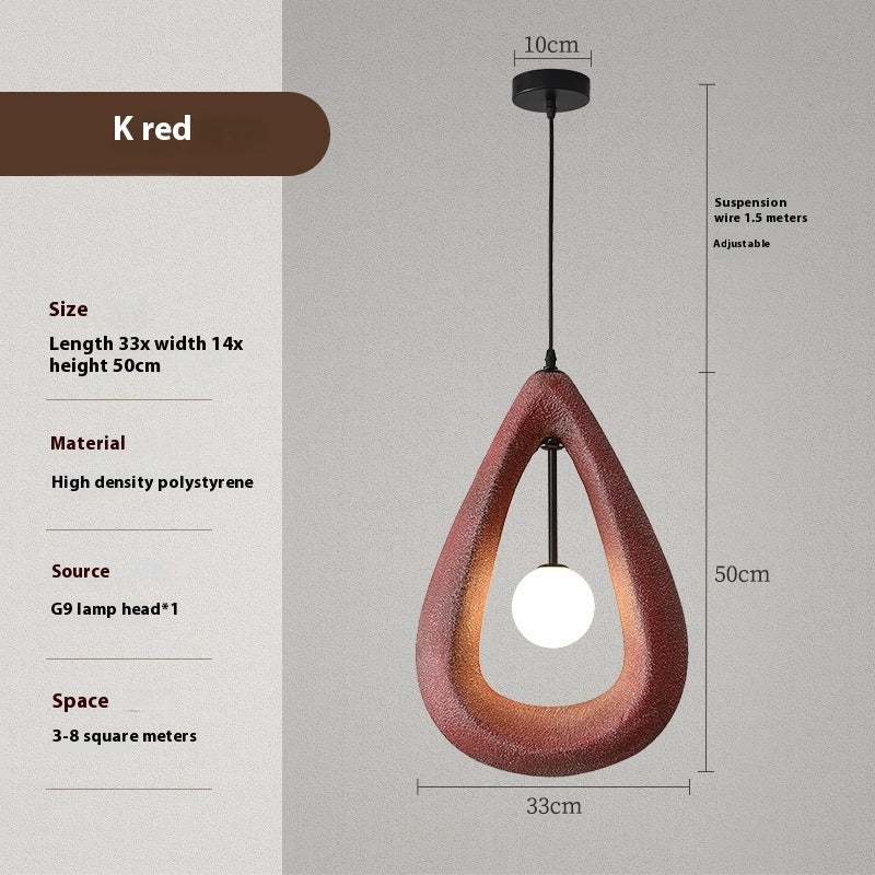Red teardrop-shaped pendant light with high-density polystyrene material and g9 lamp head, 3-8 square meters space.