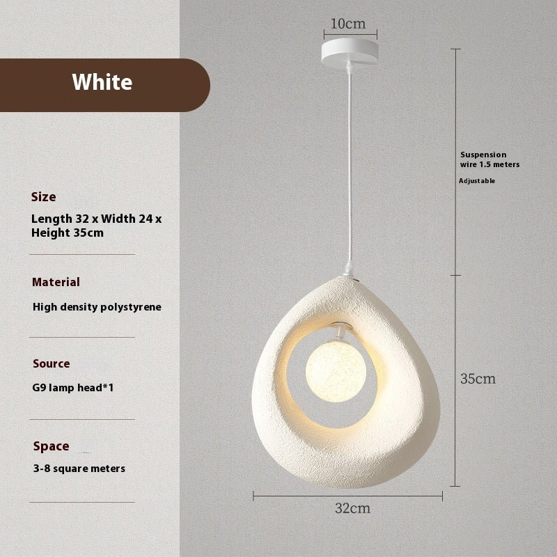 White high-density polystyrene pendant light with a teardrop shape and g9 lamp head.